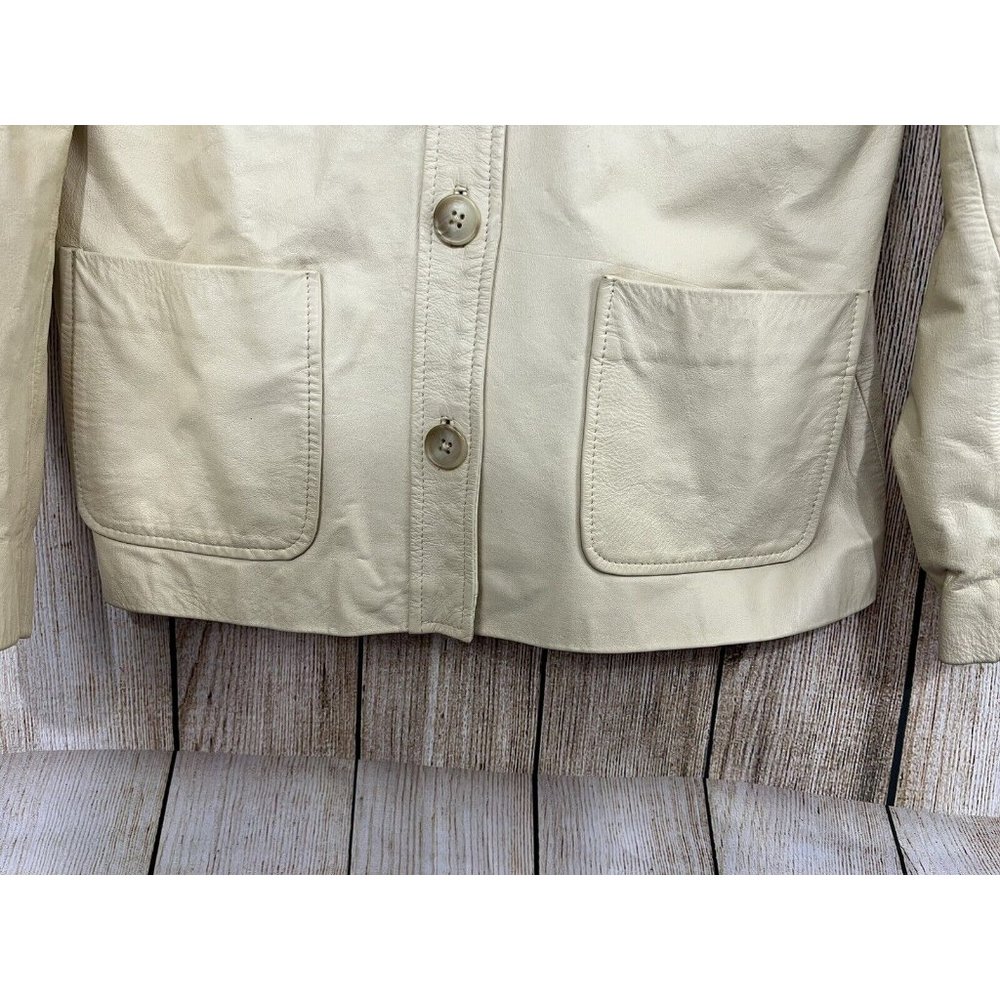Vintage 90s Y2K Gap Leather Jacket Women Sz Small Cream Beige Button Front - Picture 4 of 9